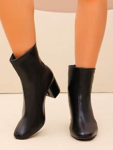 Black Velvet Square Toe Block Heel Ankle Booties Women Back Zipper Ankle Boots - Black - View 4