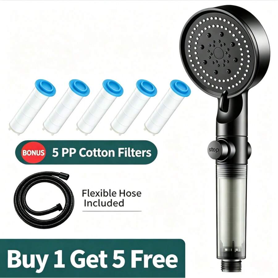 [Shower Head + 5 Filters+1.5m Shower Hose] 5-Setting Adjustable Pressure Filtered Shower Head, Handheld Shower Head With 10 Replaceable Filters, For Bathroom Showers, Outdoor Hot Water RV Showers - Shower Head + 5 Filters + 1.5m Hose - View 1