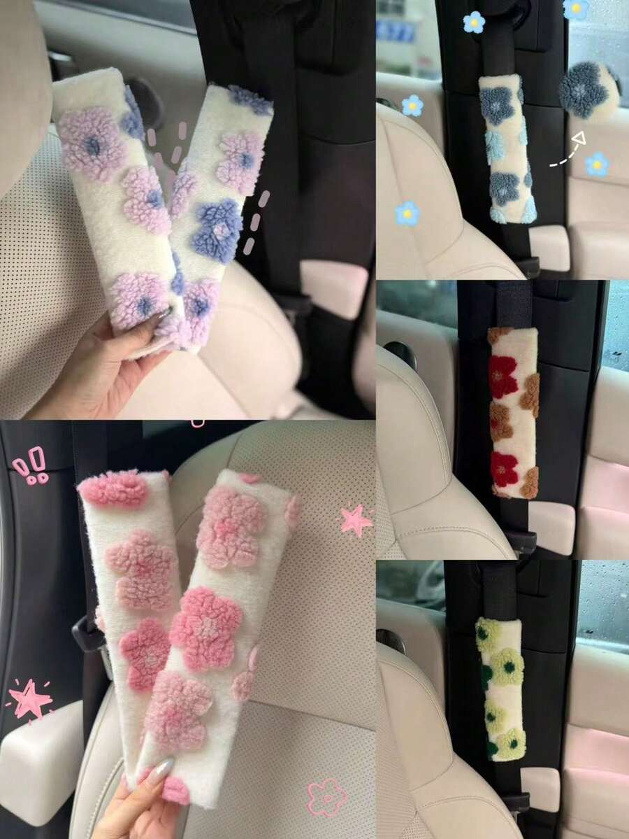 1pc Women's Car Seat Belt Cover, Short Plush Jacquard Floral Warm Fuzzy Seat Belt Sleeve - A - View 1