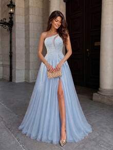 VIPGIRL Vestido formal asimétrico con cuello dividido, muslo de malla, elegante para baile de graduación, cena, fiesta de boda, vestido de primavera - Azul - Ver 2