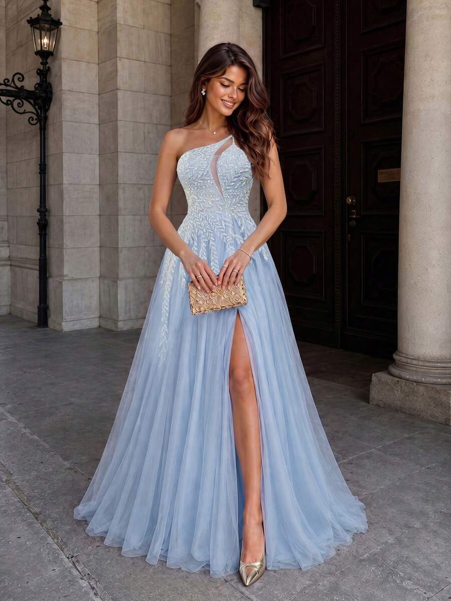 VIPGIRL Vestido formal asimétrico con cuello dividido, muslo de malla, elegante para baile de graduación, cena, fiesta de boda, vestido de primavera