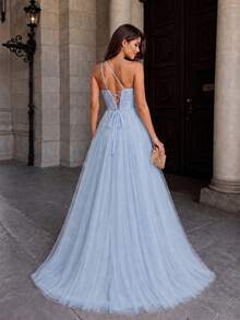 VIPGIRL Vestido formal asimétrico con cuello dividido, muslo de malla, elegante para baile de graduación, cena, fiesta de boda, vestido de primavera - Azul - Ver 3