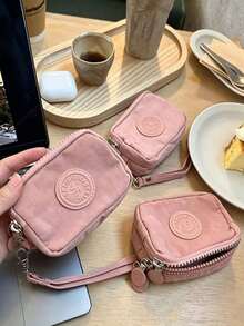 1pc Minimalist Soft Nylon Rectangular Mini Coin Purse, Embossed Logo, Zipper With Wrist Strap, Portable Card Cash Storage Pouch, Multi Pastel Colors Match Daily Outfits For Commute, Shopping, Daily Outdoor Use All Seasons - View 6