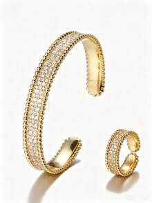 2pcs Fashion Minimalist Rhinestone Inlaid Bracelet & Ring Set, Suitable For Women's Daily Wear - Gold - View 6