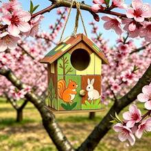 Hand Painted Squirrel & Rabbit Wooden Bird House, Cute Cartoon Forest Animal Hanging Bird Nest Box, Weatherproof Decorative Birdhouse For Backyard Garden Patio Tree Ornament - A - View 4