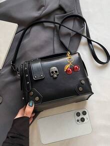 Niche Design Punk Motorcycle Style Skull Handbag, Fashionable Decoration Gothic Style Shoulder Bag, Suitable For Halloween Activities Cosplay Party - Black - View 11