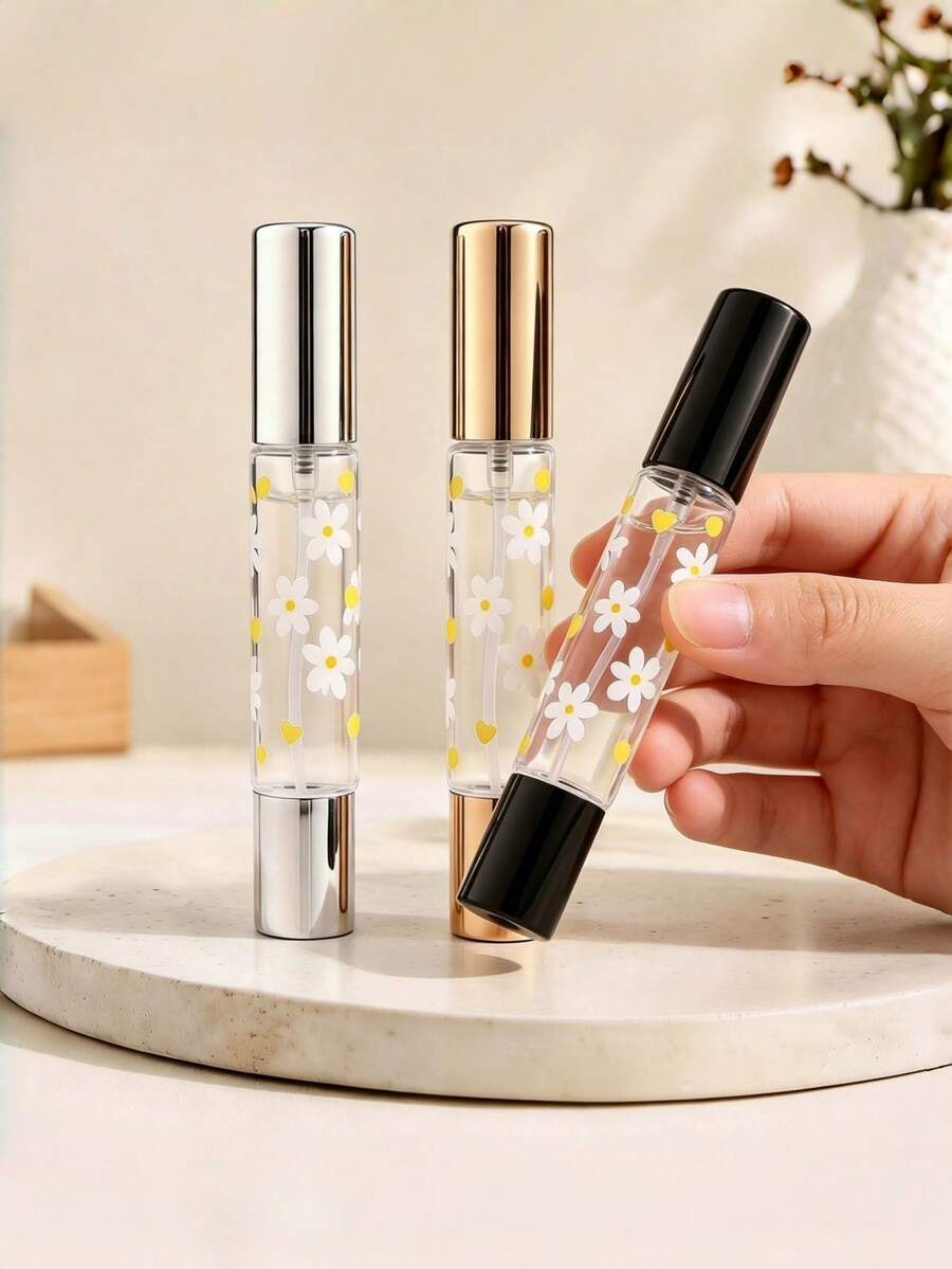 1pc 2-In-1 Dual-Head Perfume Refillable Bottle, Roller Ball + Spray Dual Function, Transparent Minimalist Printed Design, Available In Black, Silver, Gold Cap, Leak-Proof Durable Perfume Bottle, Suitable For Perfume, Cologne, Essential Oil, Essential For Work, Travel And More