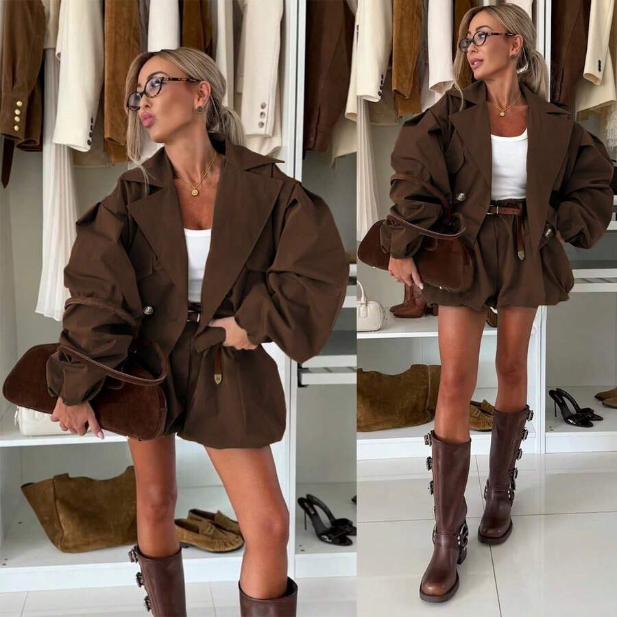 Women's Solid Color Spring/Autumn New Jacket Two Pieces Set (Jacket + Pants, Excluding Belt Accessories) Elegant Summer Brown - Brown - View 1