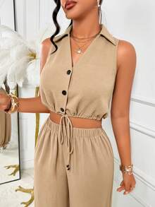AIJ Women Fall French Casual Two Pieces Set Sleeveless Collared Button Drawstring Crop Top Elastic Waist Jogger Pants Khaki Matching Outfit Elegant Summer - Khaki - View 8