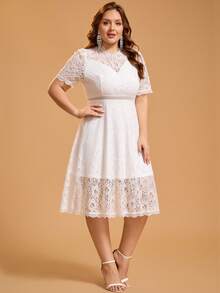 Plus Size Women's Round Neck Lace A-Line Cocktail Party Dress, Suitable For Bachelorette Party, Bridal Shower, Brunch, Graduation Party, Homecoming Dance - White - View 6
