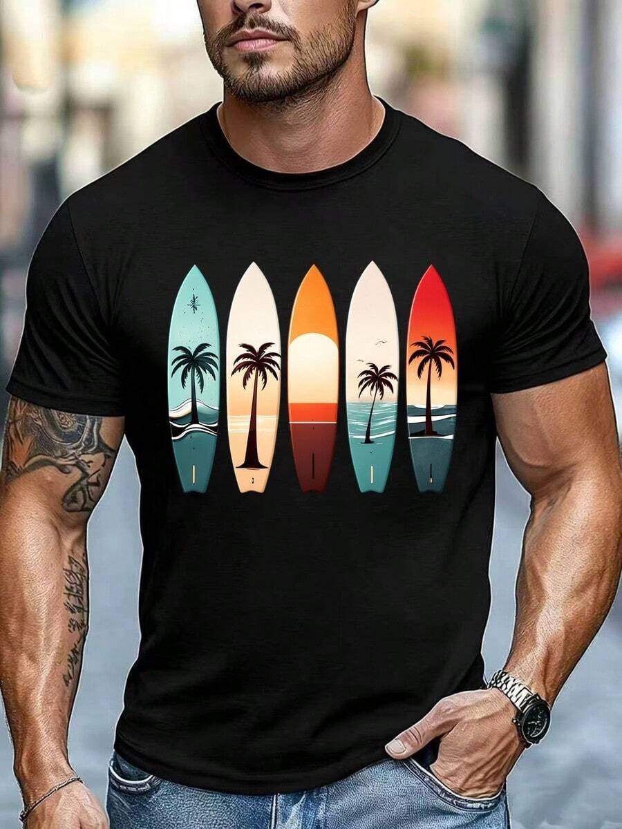 Schwarzes Herren-T-Shirt mit Surfbrett-, Palmen- und Sonnenuntergangsmotiv, lässig, Rundhalsausschnitt, Kurzarm, Streetwear - Schwarz - Übersicht 1
