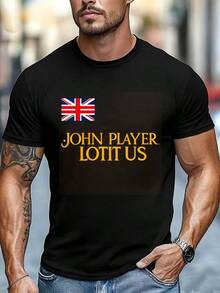 Men's Black T-Shirt British Flag Graphic "John Player Lotit Us" Vintage Crew Neck Short Sleeve Casual Streetwear - Black - View 1