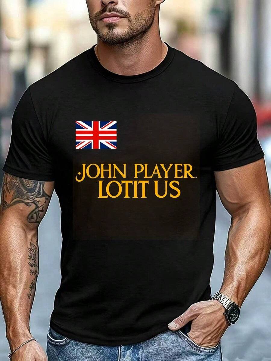 Men's Black T-Shirt British Flag Graphic "John Player Lotit Us" Vintage Crew Neck Short Sleeve Casual Streetwear - Black - View 1