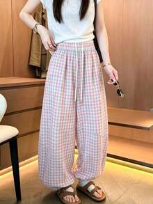 Spring/Summer Casual Slouchy Versatile Loose Design Contrast Color Plaid Elastic Double Waist Drawstring Wide Leg Pants - Baby Pink - View 3