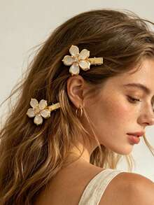 2pcs Luxury Gold Cat Eye Stone Rhinestone Flower Hair Clips, Vintage Gentle Floral Metal Edge Clips, Versatile Hair Accessories Gift For Women's Party And Wedding - Multicolor - View 5