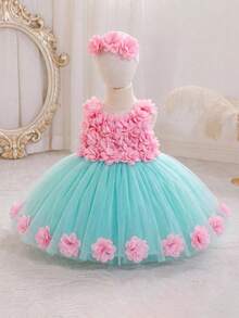 女嬰粉色3D花朵公主禮服蛋糕裙，附頭飾，適合兒童生日、花童、婚禮、重要場合與節日慶祝穿搭 - 青碧色 - 查看 5