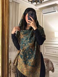1件女款波希米亞風時尚復古佩斯利雙面提花披肩圍巾，休閒優雅秋冬披肩，適合日常穿著 - 黃綠色 - 查看 4