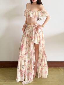 Top Dazzle Women's Elegant Square Neck Short Sleeve Cold Shoulder Cropped Top, Floral Print With Lace Detail - Pink - View 6