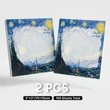 2 Packs 100 Sheets Van Gogh Starry Night Sticky Notes, Vintage Landscape Oil Painting Style Self-Adhesive Blank Memo Pads, Desktop Reminder Notes, Office School Home Stationery Supplies - 75 X 75 mm - View 8