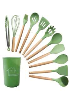 Kitchen Utensils, Cooking Utensils Set,Kitchen Tools European Style Non-Stick Cookware Silicone Spatula 12 Piece Set With Storage Barrel High Temperature Resistant Set - 青檸色 - 查看 3