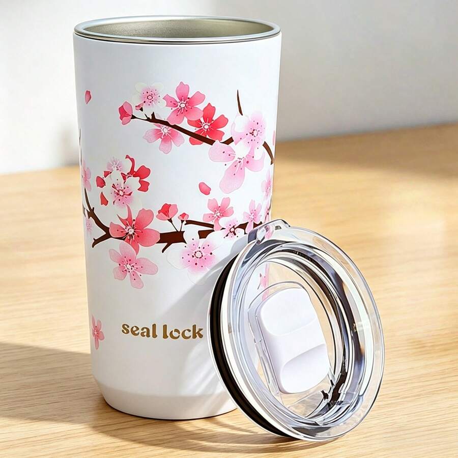 1pc Romantic Cherry Blossom Theme Travel Mug, 20oz Capacity, Suitable For Car Insulated Cup, Suitable For Outdoor Carrying Coffee, Tea And Other Hot Drinks, Convenient To Carry, Enjoy Hot Drinks Anytime - Multicolor - View 1