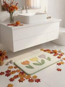 1/3 Set Floral Pattern Bathroom Rug Set, Includes U-Shaped Toilet Mat And Super Absorbent Microfiber Faux Cashmere Material Printed Bathroom Mat, With Non-Slip Bottom, Machine Washable, Soft And Warm Bathroom Carpet, Home Bathroom Decor, Outdoor Carpet Door Mat, Autumn Decor, Holiday Decor, Bathroom Accessories Back To School Entrance Decor - Small White Flowers - View 6