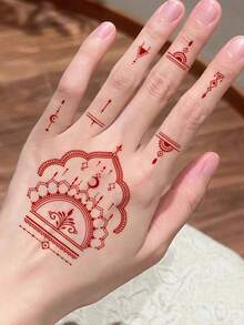 1張防水酒紅色曼陀羅月亮棕櫚海娜臨時紋身貼紙，幾何手指 Mehndi 轉印假紋身，持久全手貼紙，適用婚禮波希米亞海灘度假派對手部彩繪裝飾 - 紅色 - 查看 3