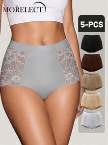 Morelect 5pcs Women's Mid-High Waist Lace Triangle Panties, Natural Fit, Breathable Soft Lightweight, Daily Wear - Multicolor - View 2