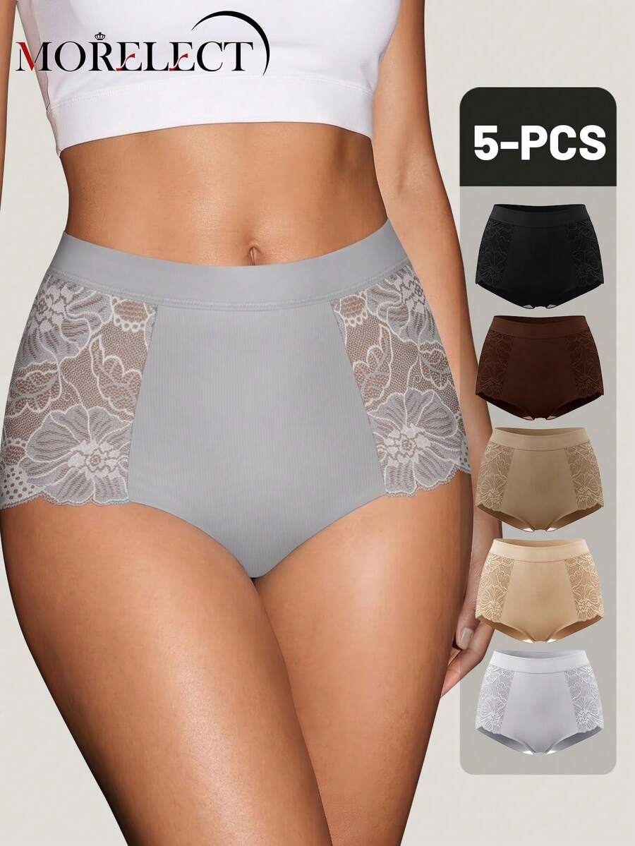 Morelect 5pcs Women's Mid-High Waist Lace Triangle Panties, Natural Fit, Breathable Soft Lightweight, Daily Wear