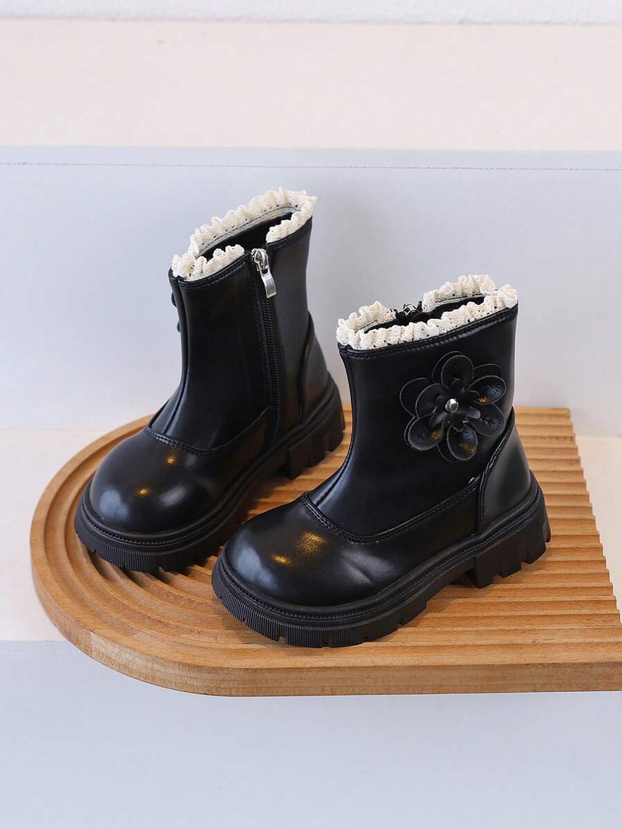 1 Pair Girls' 3D Floral Side Zipper Ankle Boots, Thick Sole Fashion Boots For Autumn/Winter - Black - View 1