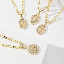 4pcs Virgin Mary Pendant Necklace, 14k Gold Plated Copper Exquisitely Crafted, Paired With 60cm Classic Figaro Chain, Carrying Blessing And Protection Meaning, Suitable For Commuting, Shopping, Holiday Gifts, Church Prayer, Simple And Timeless Design. - Yellow Gold - View 12
