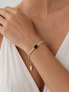 Dainty Tennis Bracelet With Black Rectangular Center Detail, Waterproof Stainless Steel Adjustable Wrist Jewelry, Ornament For Ladies - Multicolor - View 2