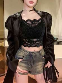 女款蕾絲吊帶背心，可拆式胸墊，可愛性感純色內搭衫，適合返校季、冬季、聖誕節、春節，休閒黑色夏季款，時尚優雅 - 黑色 - 查看 3