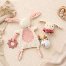2Pcs Cute Rabbit Baby Comfort Gift Set, Soft Plush Bunny Security Lovey Blanket & Bead Hand Shaker Rattle, Infant Sensory Calming Toy, Ideal Newborn Shower Gift - Multicolor - View 3