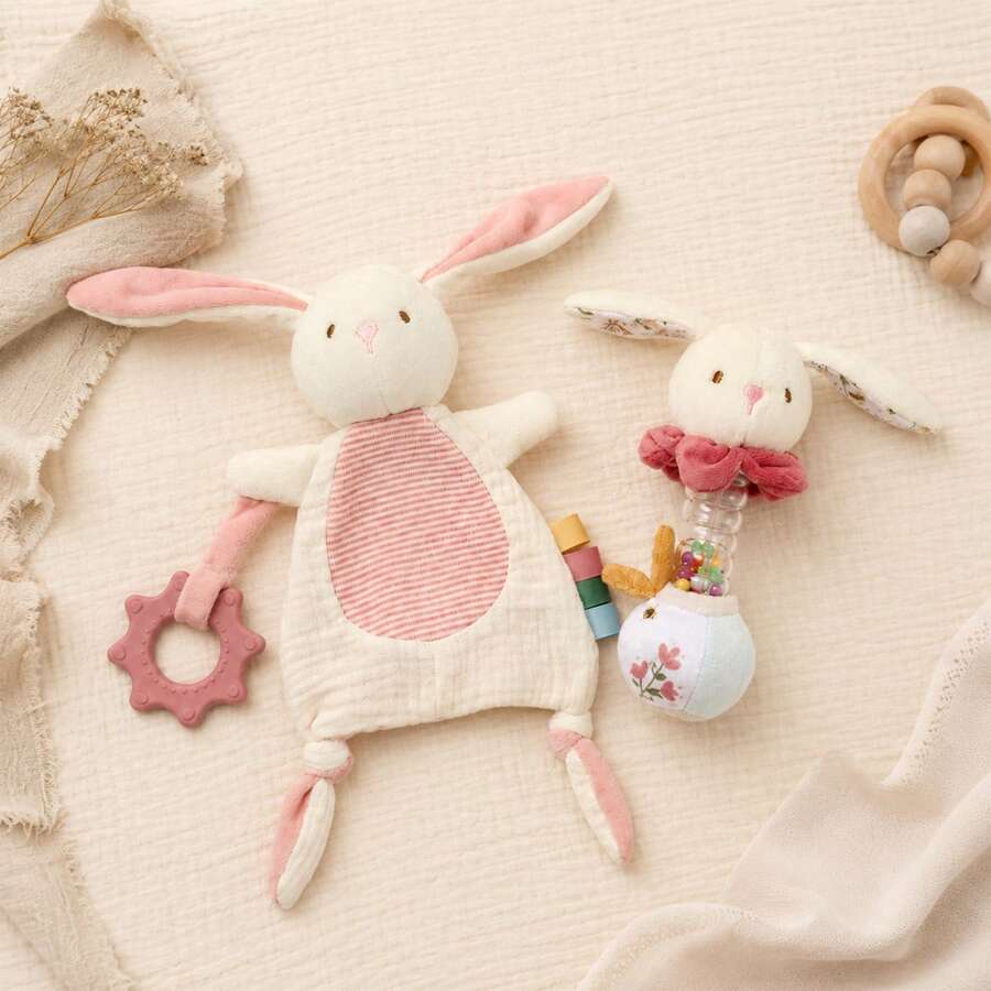 2pcs Set Hadiah Penenang Bayi Kelinci Lucu, Selimut Penenang Kelinci Plush Lembut dan Mainan Kerincingan Manik-Manik, Mainan Penenang Sensorik Bayi, Hadiah Baptisan Bayi Baru Lahir yang Ideal
