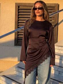 Women's Solid Color Long Sleeve Casual Top, Elegant Lace Patchwork Asymmetrical Hem Pullover, Versatile Commute All-Match Streetwear - Brown - View 6