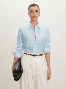 ABizChic Camisa de mujer verde haba, primavera con solapa, apertura frontal,  en capas, elegante minimalista casual para ir al trabajo, citas, uso diario, la  vintage francés, frescosss Q3JP - Celeste - Ver 1