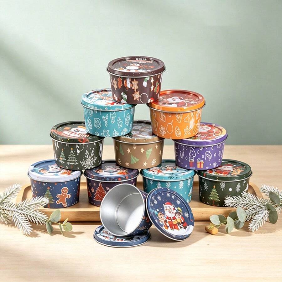 HIZTGHC 32件組 DIY 聖誕居家裝飾蠟燭套組,含5個混色空蠟燭罐、5個蠟燭芯固定座、7根蠟燭芯與15張貼紙,附蓋空罐,聖誕主題耐熱多用途收納罐 - C3-32PCS/Set - 查看 1