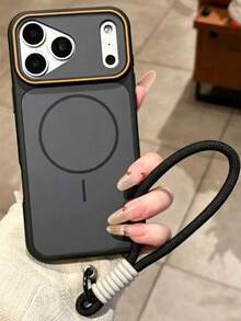 1PC New Color-Block Magnetic Phone Case Compatible With Iphone 17 Pro Max, Skin-Feel Matte Soft Edge Full Coverage Anti-Drop, Compatible With 16 Pro Max/15/14 Pro/13/12, Couple Premium Style With Lanyard - Black + Short Rope - View 21