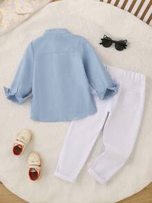 Young Boy Spring/Autumn Solid Color Stand Collar Long Sleeve Shirt & Elastic Waist Long Pants 2pcs Set, Casual Comfortable Versatile Preppy Style - Blue and White - View 3