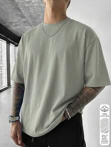 Solid Grass Green 100% Pure Cotton Short Sleeve T-Shirt Men Loose Basic Casual T-Shirt - Olive Green - View 2