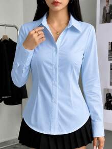 女款白色鈕扣襯衫修身版型長袖修身剪裁辦公工作襯衫商務休閒專業上衣 - 藍色 - 查看 4