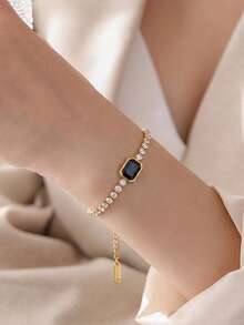 Dainty Tennis Bracelet With Black Rectangular Center Detail, Waterproof Stainless Steel Adjustable Wrist Jewelry, Ornament For Ladies - Multicolor - View 6