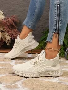 All Season Breathable Mesh Beige Women's Sports Shoes Lightweight Lace-Up Daily Casual Versatile Sneakers - Beige - View 3