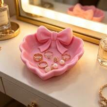 1pc Heart-Shaped Jewelry Tray With Bow Design, Pink Bow Style, Durable Plastic Material, Suitable For Storing Jewelry, Rings And More, Perfect For Vanity, Desk, Bedside Table, Desktop Decoration - Multicolor - View 4