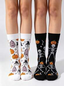 1/2 Pairs Halloween Mid-Calf Socks, White Pumpkin Wizard & Black Dancing Skeleton Print Casual Socks, Unisex - Multicolor - View 10