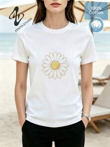 Daisy Fresh Natural Romantic Pastoral Pure Cotton Single Vintage Daisy Line Print Women's Short Sleeve Daily Dating Spring/Summer - 白色 - 查看 1