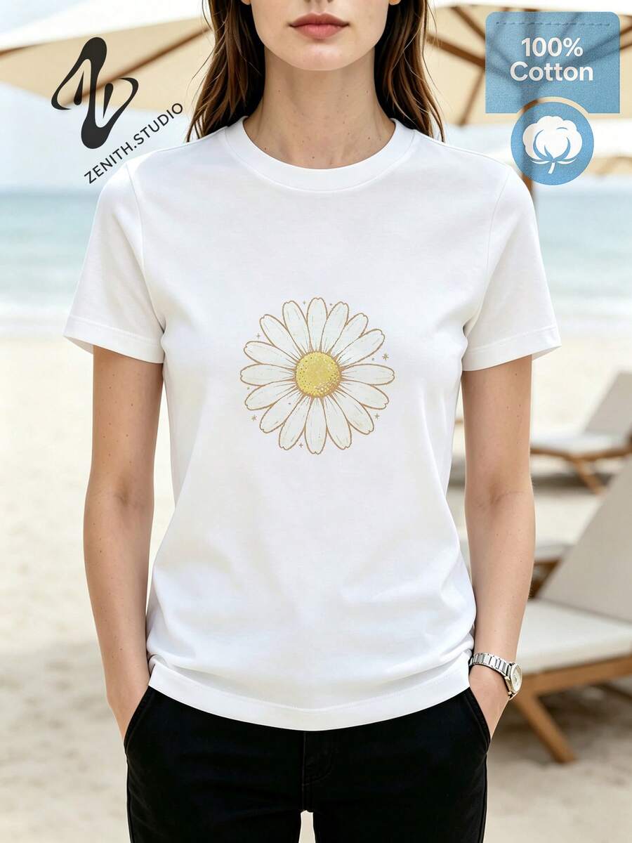 Daisy Fresh Natural Romantic Pastoral Pure Cotton Single Vintage Daisy Line Print Women's Short Sleeve Daily Dating Spring/Summer - 白色 - 查看 1