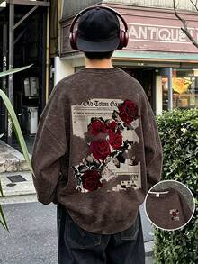 Vintage Streetwear Boy's Sweatshirt, Torn Newspaper & Red Rose Front And Back Print, Washed Style, Autumn/Winter Campus Top - Brown - View 7