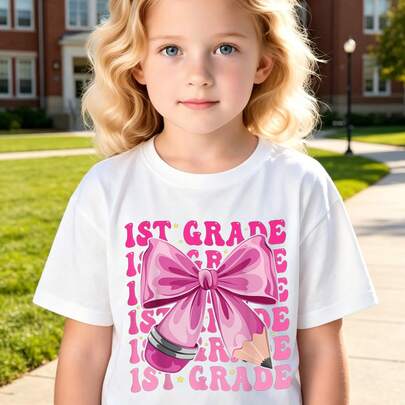 Kids Girls 1St Grade Pink Bow Pencil Graphic Tee Black Shor…